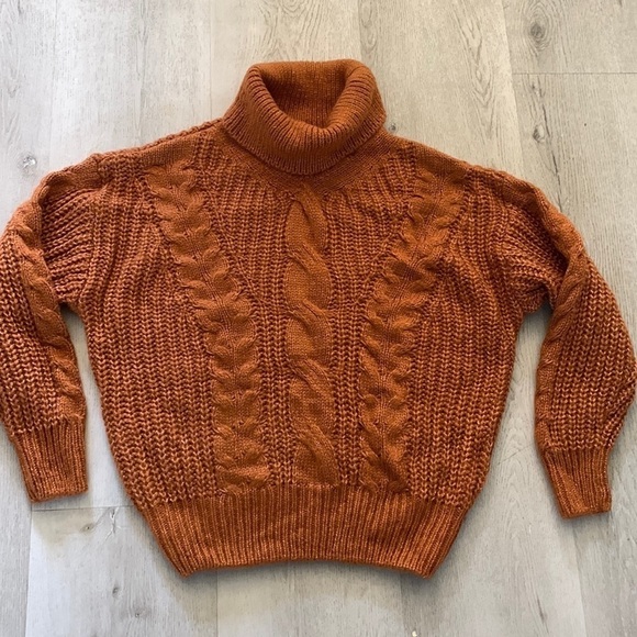 Chunky Cable Knit sweater turtleneck brown camel size M oversized‎ fall winter - Picture 2 of 10